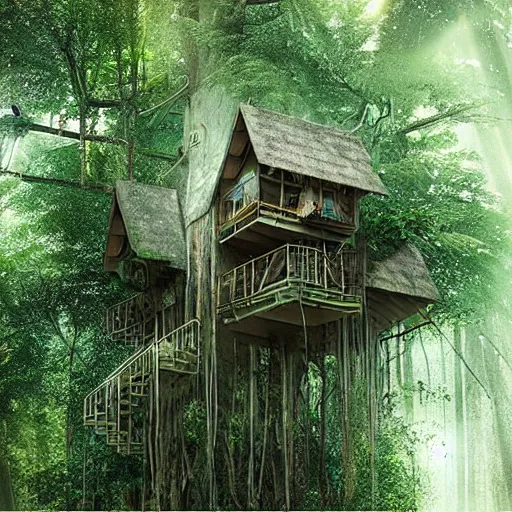 Image similar to “ treehouse in rainforest, photoreal, hq ”