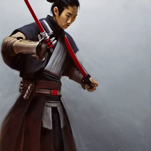 Prompt: painting of a samurai holding a lightsaber, katana, star wars, kabuto, armor, darth revan, star killer, jedi, fenghua zhong, ruan jia, jeremy lipking, peter mohrbacher, laser, ralph mcquarrie, sword, lightsaber katana, sekiro