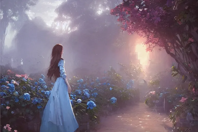 Image similar to a beautiful painting of blue roses garden, girl, by greg rutkowski, trending on artstation