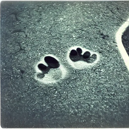 Prompt: wide-shot very low-angle eyesight first-person!! cat's paw prints on fresh cement at the street, polaroid photo, by Andy Warhol