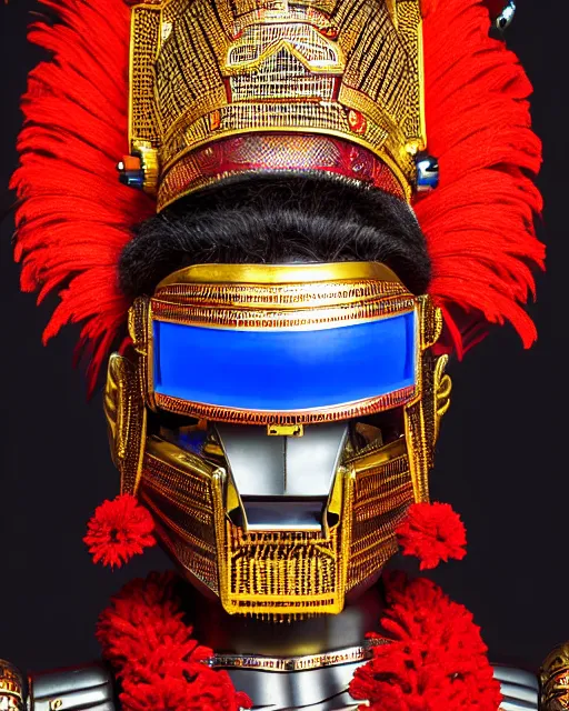 Image similar to photo of a Dramatic Theyyam male character with traditional headgear painted face wearing futuristic robocop LED goggles and futuristic robot armour with wide traditional ghaghra in the style of stefan kostic, full body, realistic, sharp focus, symmetric, 8k high definition, insanely detailed, intricate, elegant, art by stanley lau and artgerm, Hajime Sorayama, William-Adolphe Bouguereau