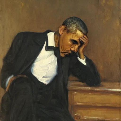 Image similar to The despair of Obama, oil on canvas, 1883