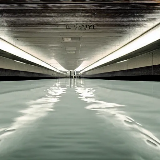 Image similar to photo of a subway station, the floor is flooded with one meter deep water. eerie, volumetric lighting