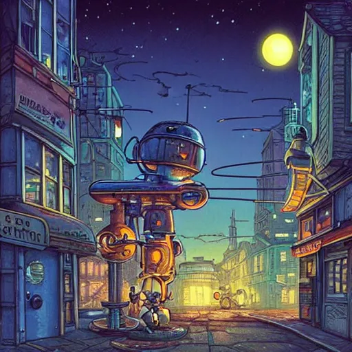 Image similar to fantasycore street view of 1950s machinarium cityscape at night by michael whelan and naomi okubo and dan mumford. cute 1950s robots. cel-shaded. glossy painting.