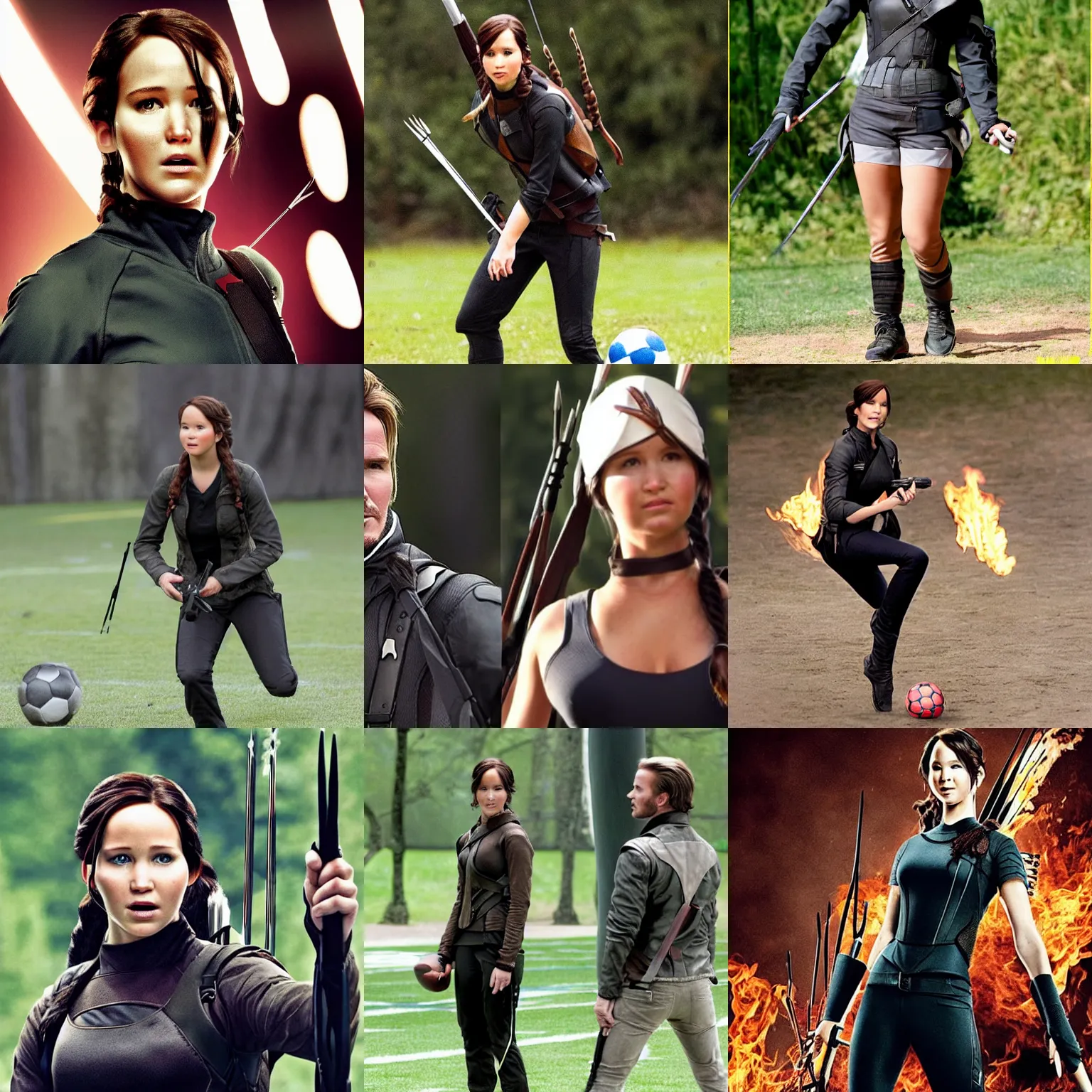 Prompt: Katniss Everdeen as David Beckham, with her foot on a football