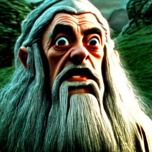 Prompt: mr. bean as gandalf from lord of the rings. movie still. cinematic lighting.