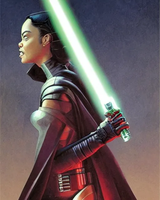 Image similar to tessa thompson as an inquisitor in a star wars movie, evil, villain, sith, concept art by doug chiang and ralph mcquarrie