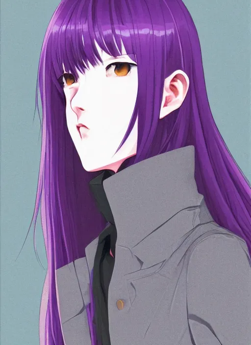 Image similar to illustration by shigenori soejima, by tatsuki fujimoto, by yoji shinakawa, girl, middle - parted long straight light purple hair, grey turtleneck coat, forest background, focus on face, pretty, moody lighting, painterly