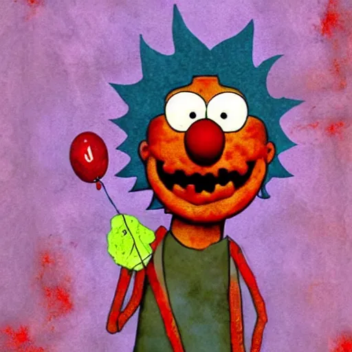 Prompt: grunge painting of elmo with a wide smile and a red balloon screenshot from rick and morty, creepy lighting, horror theme, detailed, elegant, intricate, conceptual