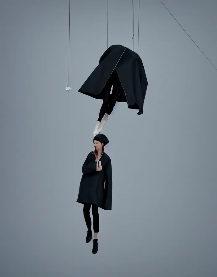 Image similar to close - up portrait of an empty slick fashionable zara raincoat floating suspended mid - air on a glittering wet rainy display designed by olafur eliason, james turrell, shot by wes anderson, lily frank, symmetry, rule of thirds