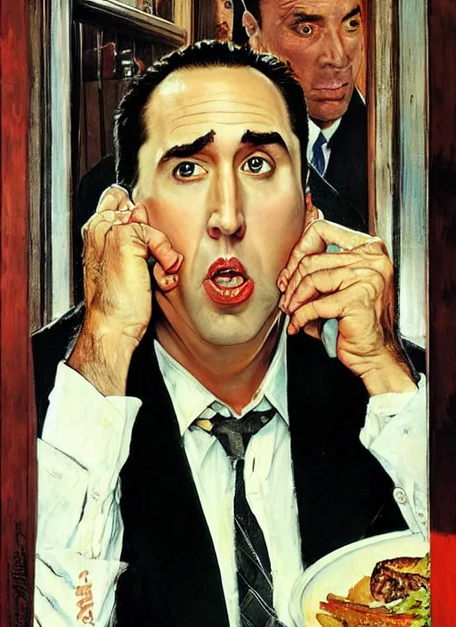 Image similar to full body and head portrait of nicholas cage looking confused about crazy evil in a restaurant, painted by norman rockwell and tom lovell and frank schoonover