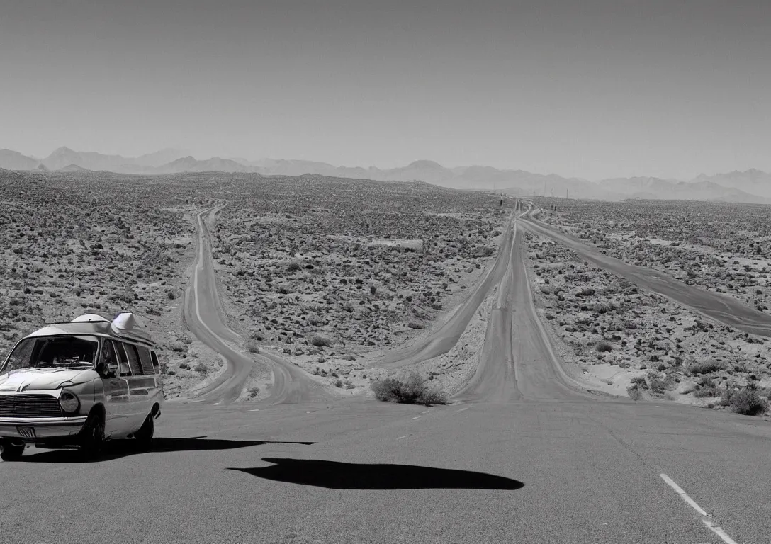 Prompt: a black and white picture of a van driving into the distance on a desert highway, by Joe Jusko