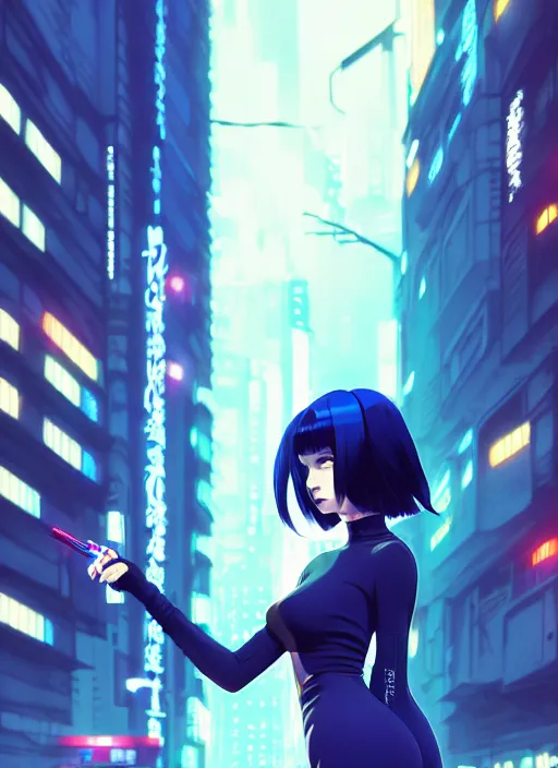 Image similar to hyper realistic photograph of cyberpunk pretty girl with blue hair, wearing a tight black dress, in city street at night, by makoto shinkai, ilya kuvshinov, lois van baarle, rossdraws, basquiat