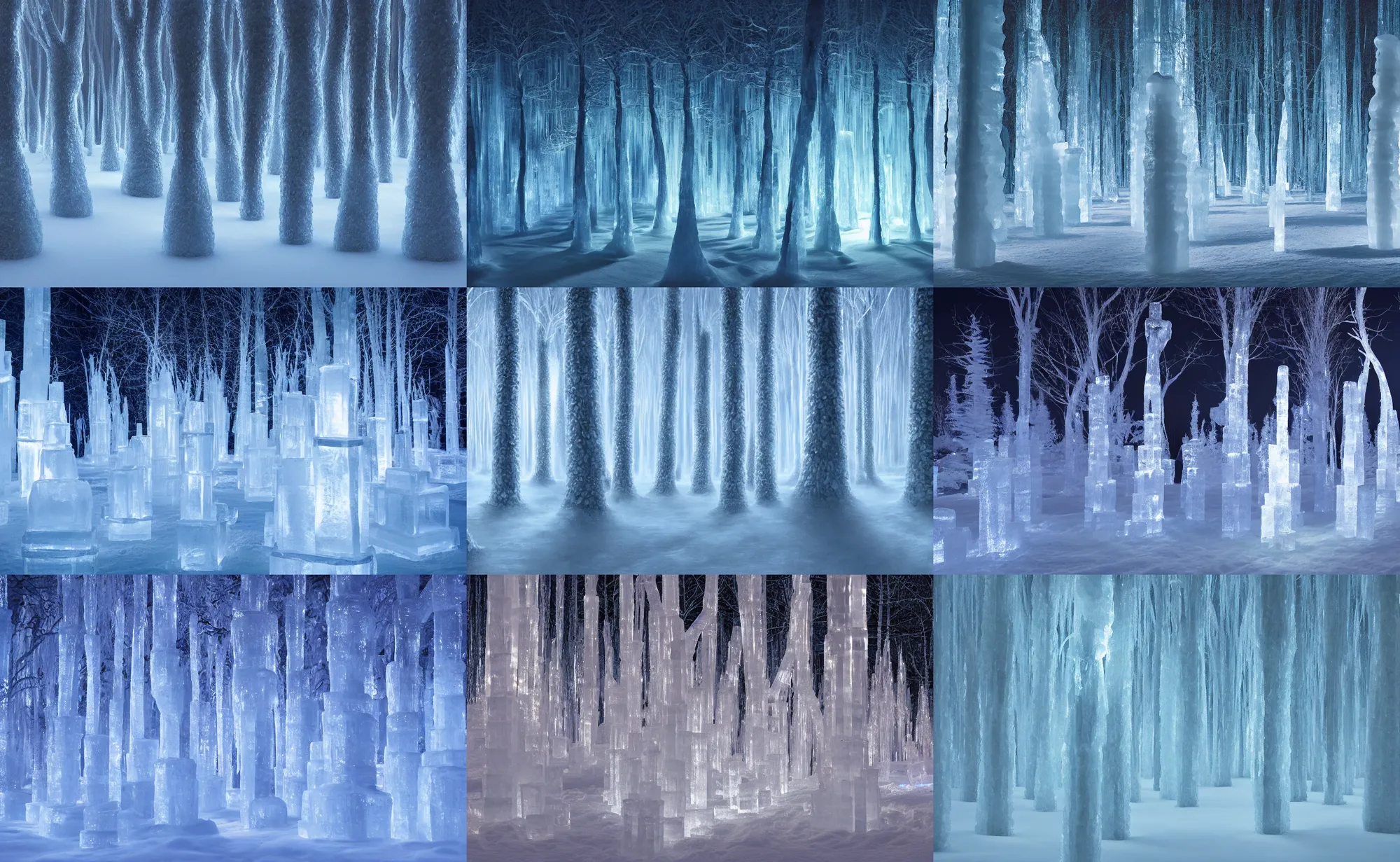 Prompt: ice sculpture tree forest at night, cold ambient light, artwork by gerald brom, 4 k, masterpiece