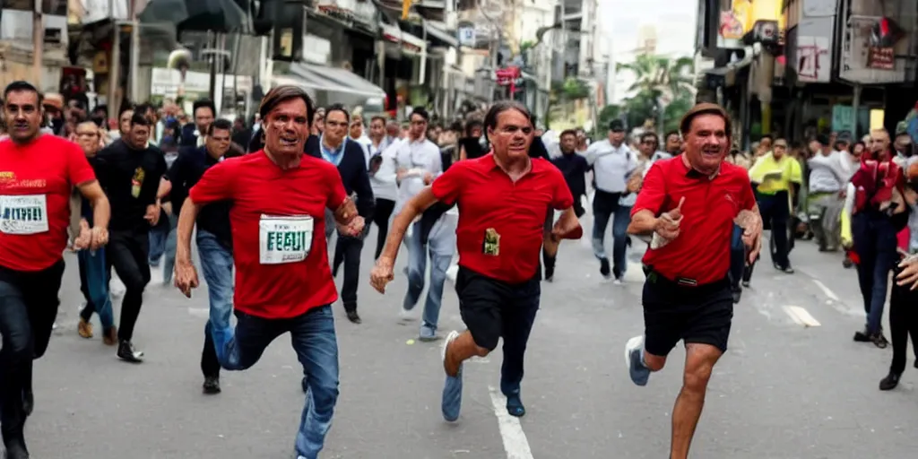 Prompt: Jair bolsonaro, running from a group of people dressed in red