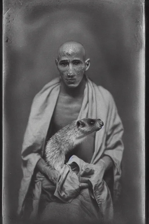 Image similar to a wet plate photo of a weasel monk