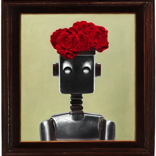 Image similar to a portrait of a robot wearing a hat full of roses, by Otto Eerelman