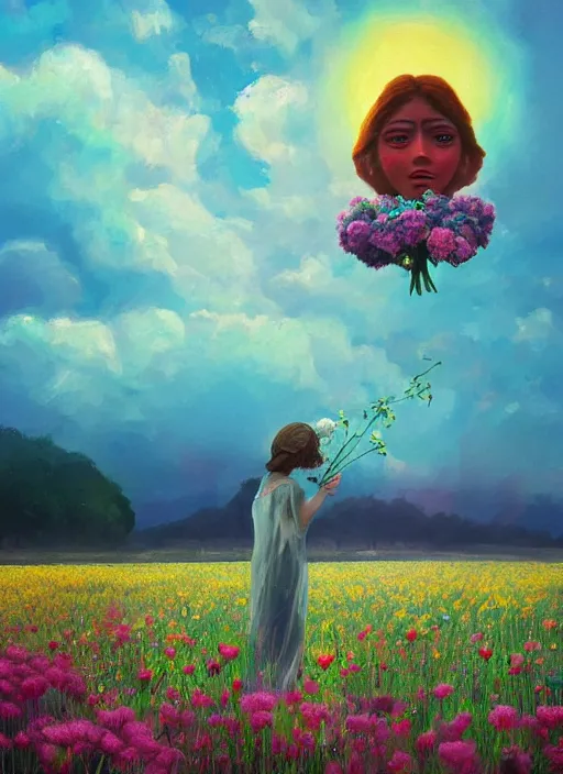 Prompt: woman with a giant carnation as a face, flower field, surreal photography, sunset dramatic light, impressionist painting, colorful clouds, blue sky, digital painting, artstation, simon stalenhag