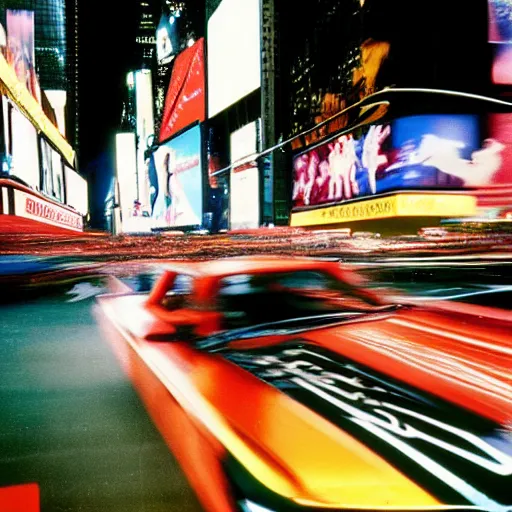 Image similar to a vivid photo of a unicorn galloping through times square in the 8 0 s, there are cars, long exposure