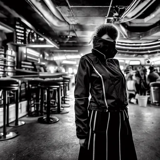 Image similar to photograph of a retro techwear women loitering near the bar of a packed busy rundown nightclub, retrofuturism, brutalism, cyberpunk, sigma 85mm f/1.4, 35mm, tilted frame, long exposure, 4k, high resolution, 4k, 8k, hd, wide angle lens, highly detailed, full color