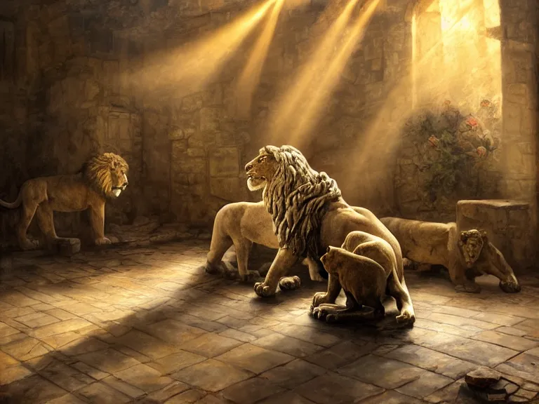Image similar to expressive rustic oil painting, a stone workshop with in the center an impressive large statue of a lion, dust, ambient occlusion, morning, rays of light coming through windows, dim lighting, brush strokes oil painting