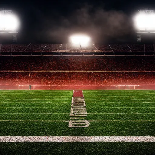 Image similar to american football on a football field with stadium light, epic, hyper realistic award winning sports photography, centered symmetrical composition with border, volumetric lighting