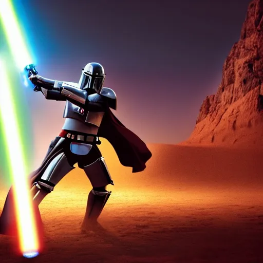 Image similar to jesus christ holding a lightsaber and fighting a mandalorian, 4 k, high resolution, still, landscape, hd, dslr, hyper realistic