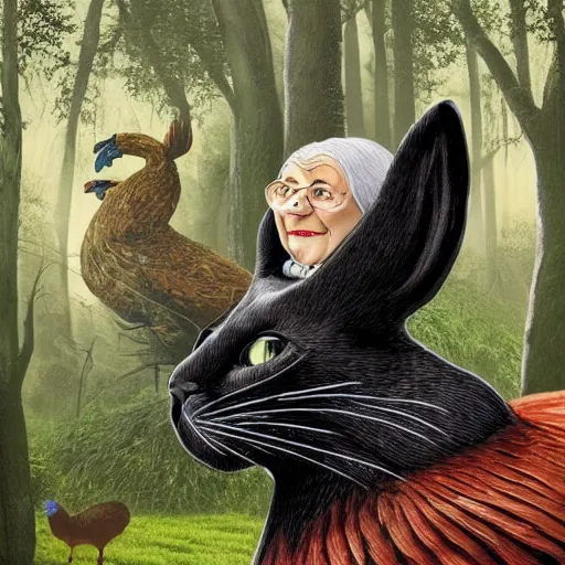 Image similar to a fabulous old woman with a sly face, a long nose and a wart on it. there is a black cat nearby. the background of huge chicken paws on top is a hut. fabulous enchanting dense forest around. very clear image. hyperrealistic.