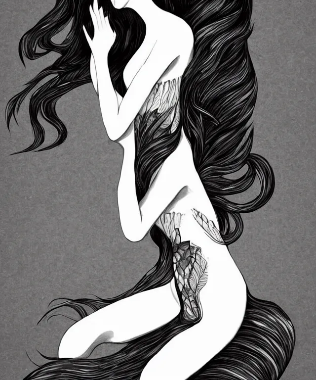 Image similar to black and white illustration, creative design, dark fantasy, concept art, beautiful mermaid, full body, swimming in ocean, fish tail bikini top flowing hair
