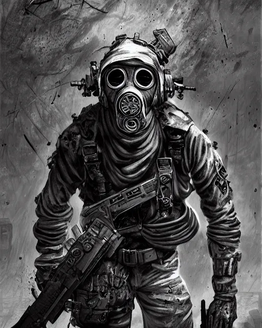 Prompt: a soldier zombie with a gas mask, pile of skulls, horror, black and white, fantasy art, monster art, illustration, fantasy, intricate, hyper detailed, artstation, concept art, smooth, sharp focus, ray tracing