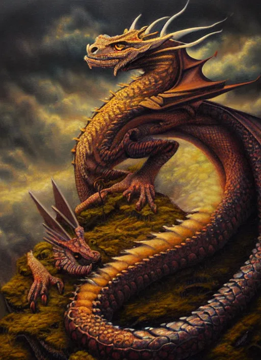 Image similar to portrait of a dragon dreaming of sheep, deviantart oil painting, award winning, highly detailed painting