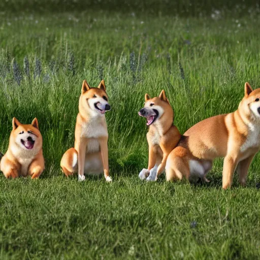 Image similar to A group of Shiba Inus in levander field, 8k UHD, Nature photography, high detail, High quality, stunning lighting, beautiful lighting,