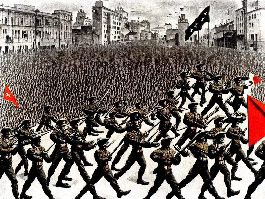 Image similar to army parade glorious march, futuristic alternate timeline, anarcho - communist hordes, red and black flags, art by max ernst, cnt spanish civil war era propaganda