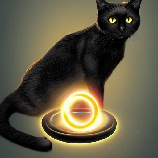 Prompt: black cat sitting next to an energy ringed portal, concept art, digital illustration, artstation, artstation hq, hd, 4k resolution