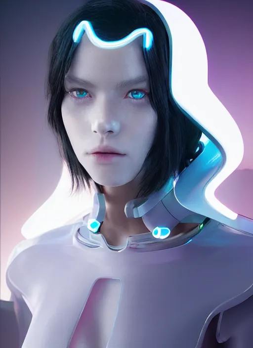 Image similar to white one cast futuristic biomechanic future human, beautiful face, female, futuristic, neon lights, cyberpunk, 8 k, digital painting, by beeple and makoto shinkai, trending on cg society, glamour pose, fashion photography, high fashion, canon r 3, photorealistic, hyper realisitic