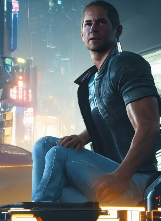 Image similar to film still of Paul Walker as Kerry Eurodyne in Cyberpunk 2077, gameplay, 8k, HD