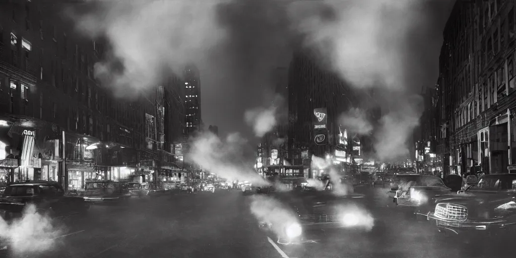 Image similar to a high resolution photo of a new york street at night surrounded with smoke and cars with bright headlights by robert capa, realistic photo, leica, cinematic lighting, magnum award winning photograph, parallax photography,