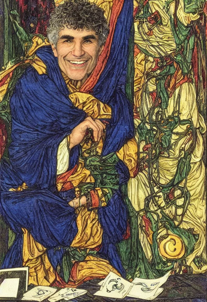 Image similar to Yoshua Bengio smiling on the Tarot card. Illustration by preraphaelists.