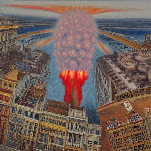 Image similar to nuclear bomb exploding in the center of a city, detailed 1 9 2 0 ’ s colored pencil, highly detailed, highly accurate, deep aesthetic, 8 k, highly ornate intricate details, cinematic lighting, rich colors, ray tracing, hyperrealistic, photorealistic, cinematic landscape, trending on artstation,