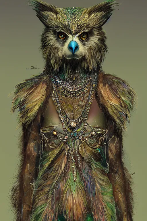 Prompt: a beautiful upper body shot from a fantasy film of a humanoid iridescent green female falcon bear hybrid wearing a loose tunic. an anthropomorphic owlbear. fantasy, frown, intricate, elegant, highly detailed, digital painting, artstation, concept art, matte, sharp focus, illustration, art by artgerm and greg rutkowski and alphonse mucha