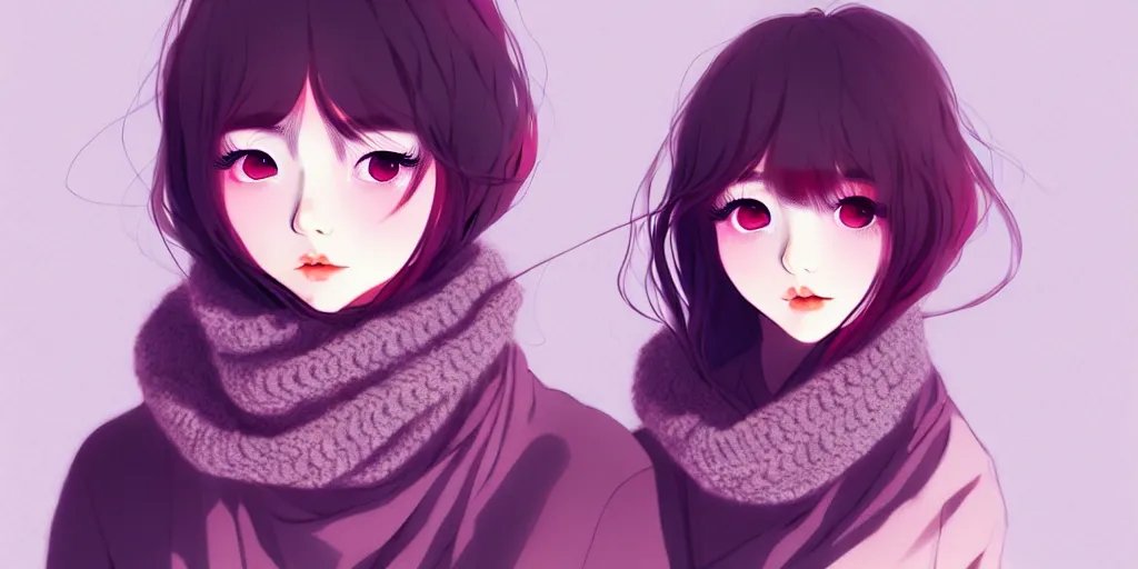 Image similar to ulzzang korean girl in sweater wearing scarf on neck. winter background, ilya kuvshinov, anime, pixiv top monthly, trending on artstation, cinematic, danbooru, zerochan art, kyoto animation