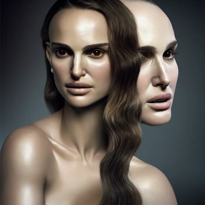 Image similar to a portrait of natalie portman by salvador dali, highly detailed, 3 d render, vray, octane, realistic lighting, photorealistic