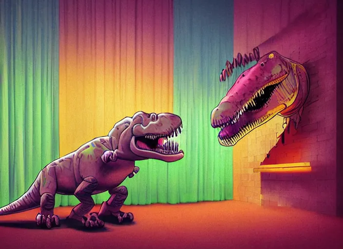 Prompt: a dinosaur made out of waffles barbecuing chewing gum inside a room with neon rainbow drapes. on the wall a large post for an anachronism noir future.