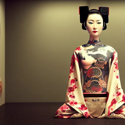 Image similar to an android geisha in a lotus position wearing a flowing kimono and tattoos, octane render, unreal engine, 8 k, cinematic, artwork by ilya kuvshinov