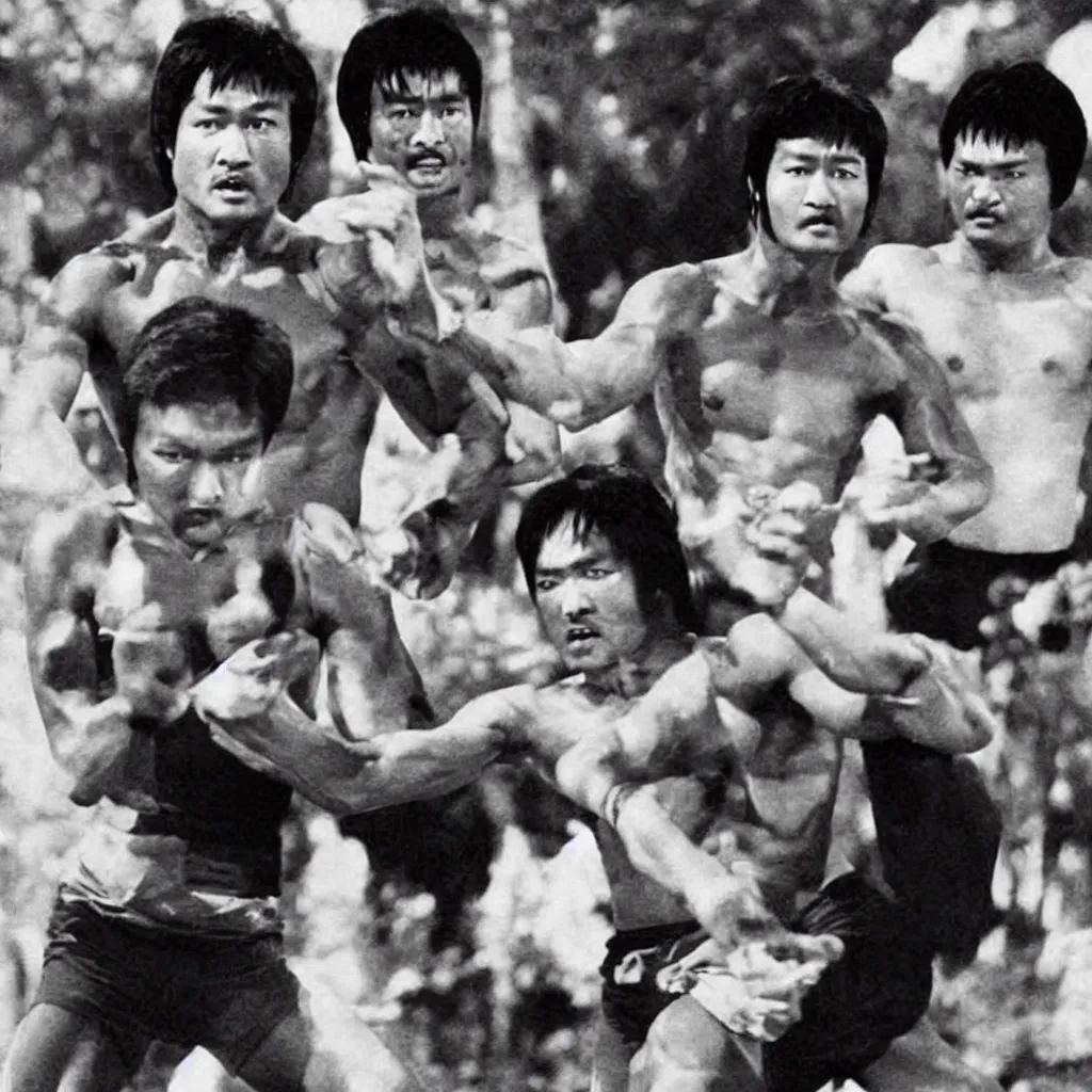 Image similar to nepali actor rajesh hamal fighting bruce lee in a historic old photograph