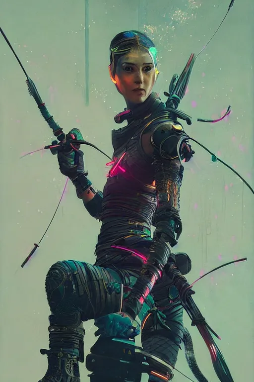 Image similar to female archer, cyberpunk futuristic neon. fencing, long sword in her hand, decorated with traditional japanese ornaments by ismail inceoglu dragan bibin hans thoma greg rutkowski alexandros pyromallis nekro rene maritte illustrated, perfect face, fine details, realistic shaded, fine - face, pretty face, masterpiece