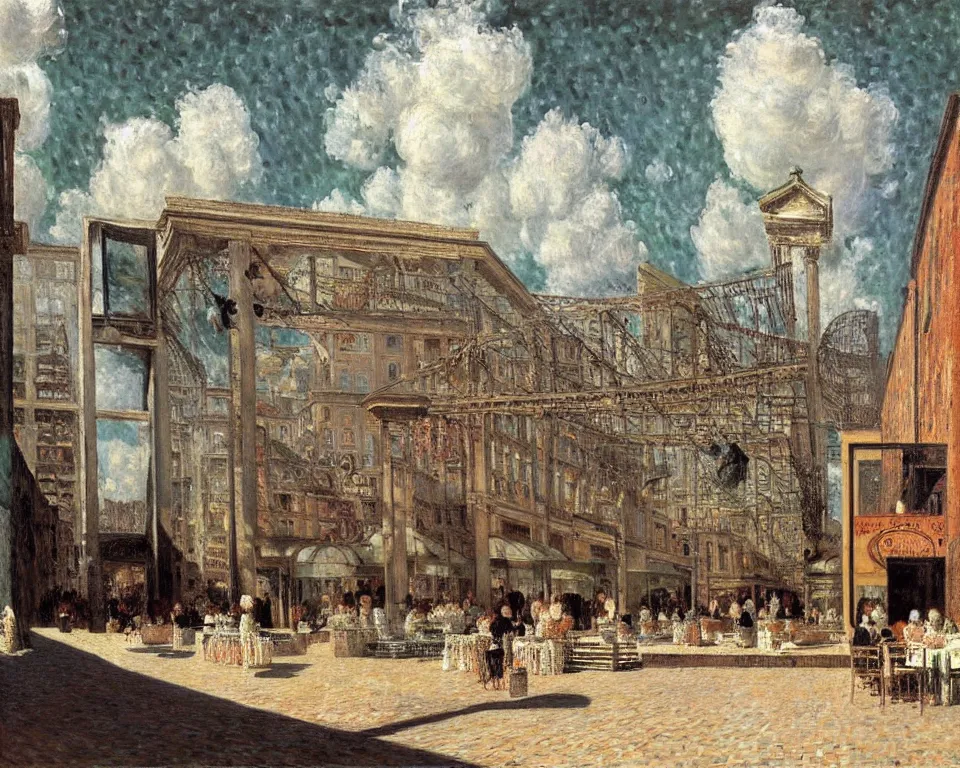 Image similar to achingly beautiful painting of a sophisticated, well - decorated bakery on warm background by rene magritte, monet, and turner. giovanni battista piranesi.