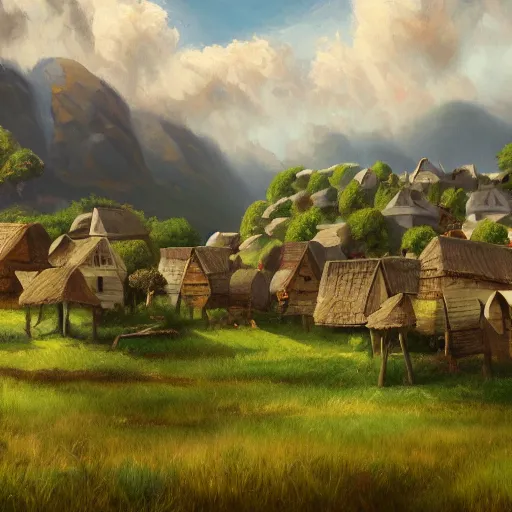 Image similar to the village of kifiti, oil painting, pale colors, high detail, 8 k, wide angle, trending on artstation,