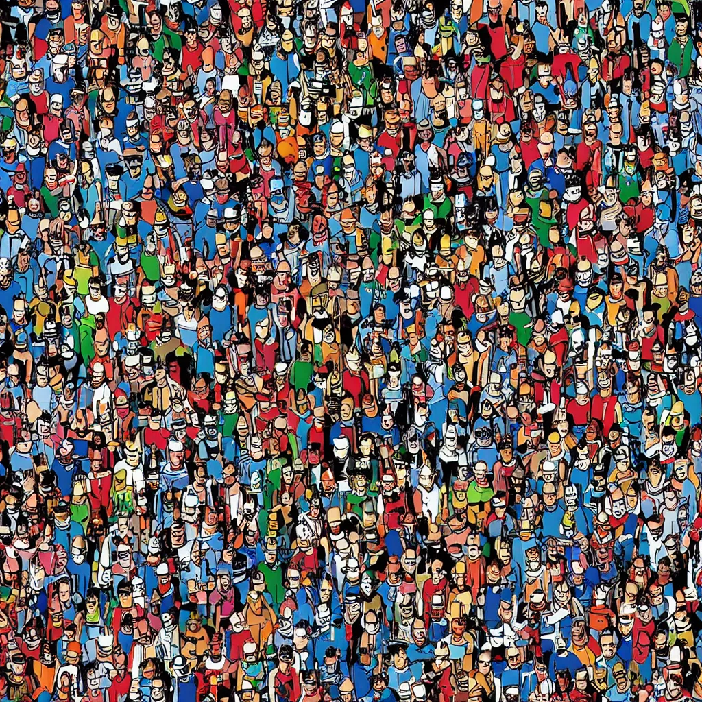 Image similar to Where's Waldo, on a futuristic robot battlefield