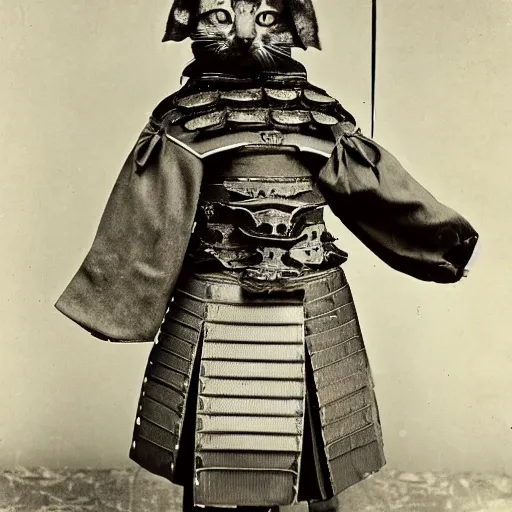 Image similar to “cat in full samurai armour, 1900’s photo”